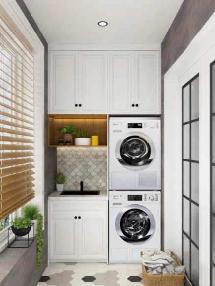 房子裝修設計流程，陽臺定制一個洗衣機柜，好看又實用