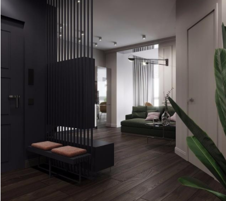 客廳電視墻裝修：玄關(guān)木格柵兼做電視墻，臥室墻體斜砌更通暢